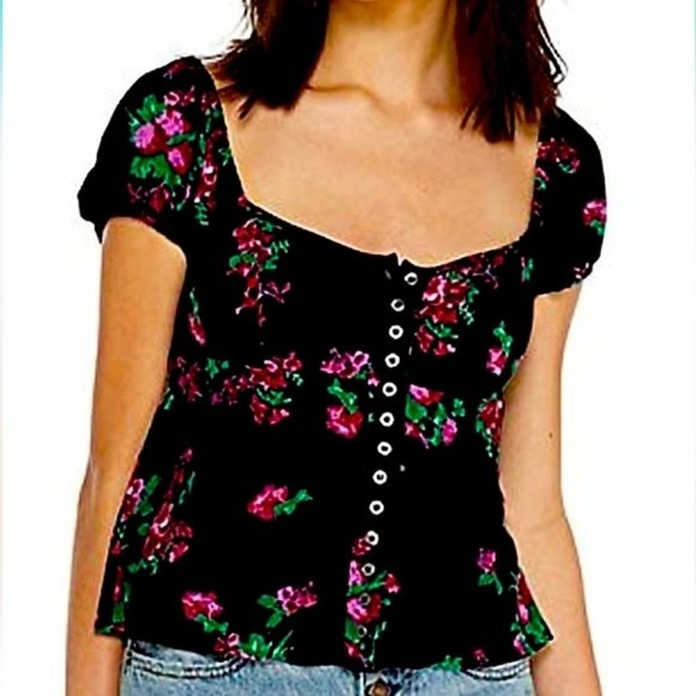 Free People Women's Peasant Short Sleeve Black/Pink Floral Button Front Top M